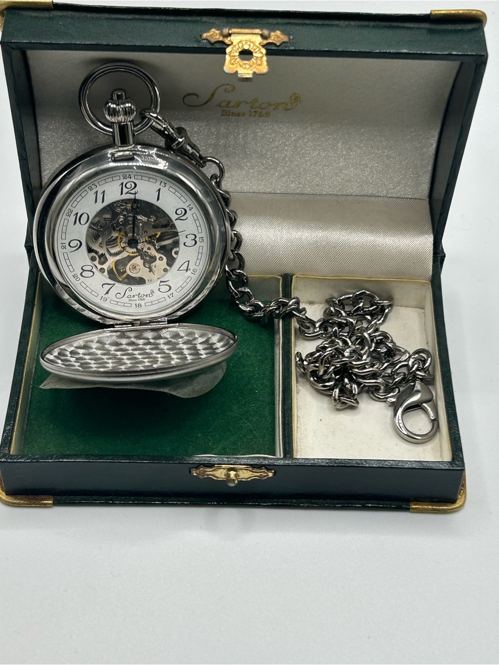 Sarton Silver Tone Wind Pocket Watch With Chain New Old Stock